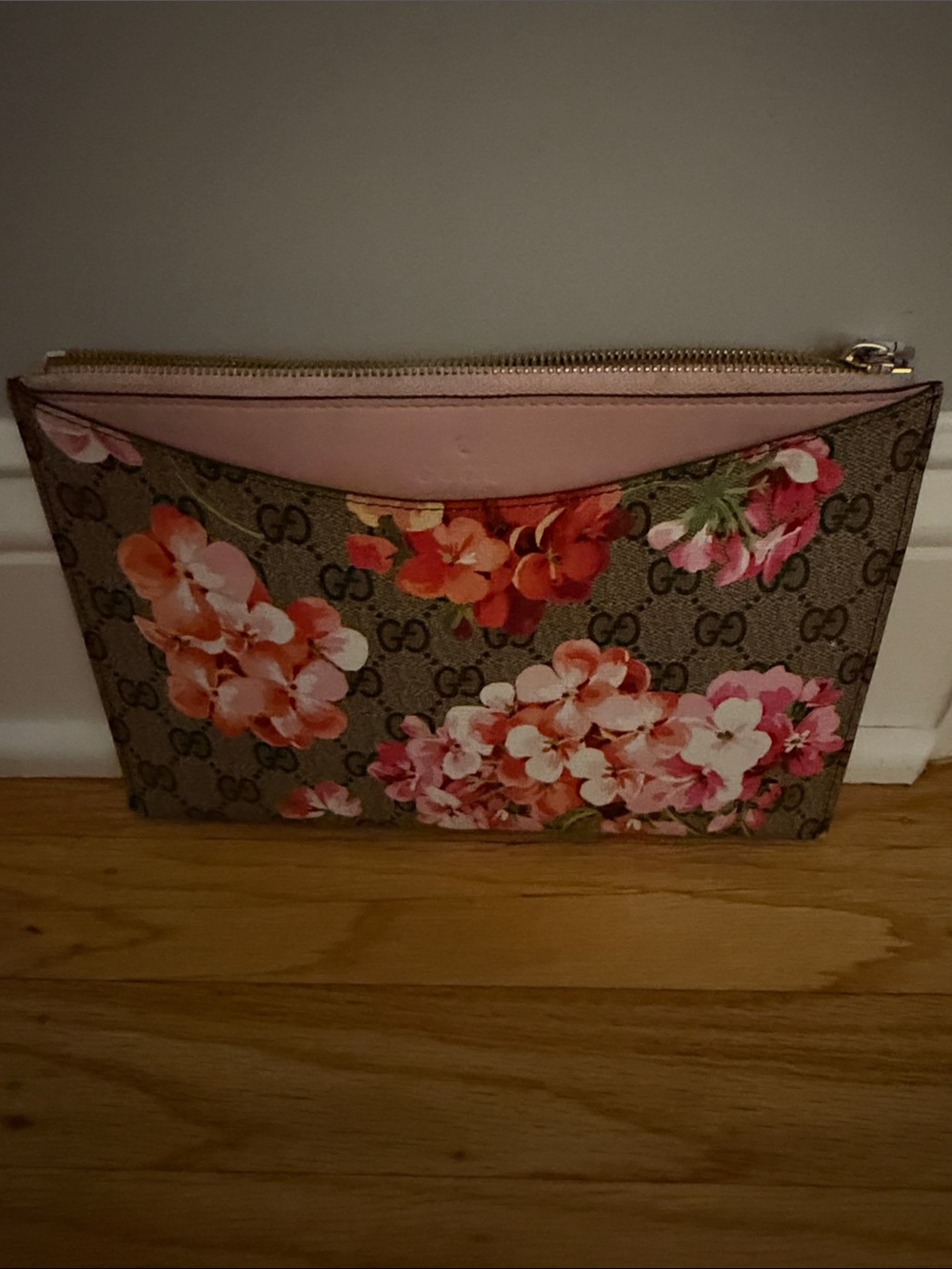 Gucci Floral GG Canvas Zip Clutch in Brown and Pink